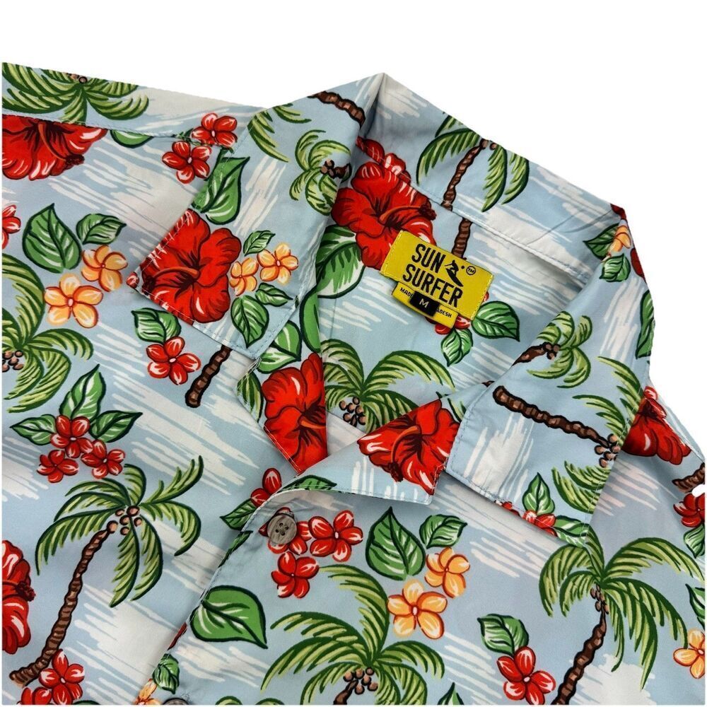 Sun Surfer Hawaiian Shirt Mens M Tropical Floral Palm Aloha Button Up